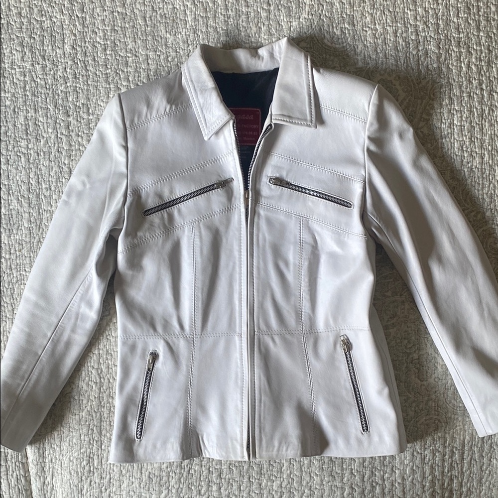 White Leather Jacket with Zipper Details